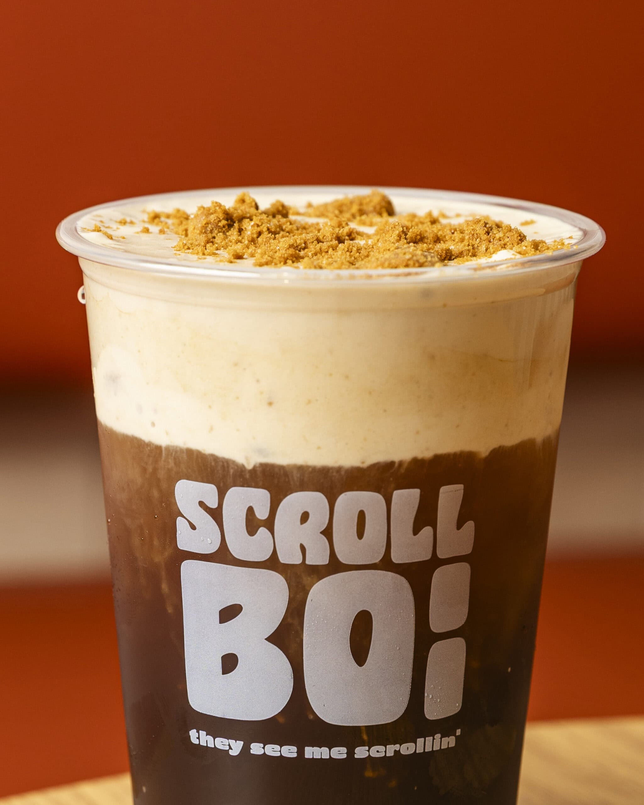 Iced coffee drink with brown sugar topping at Scroll Boi Kingsgrove Sydney