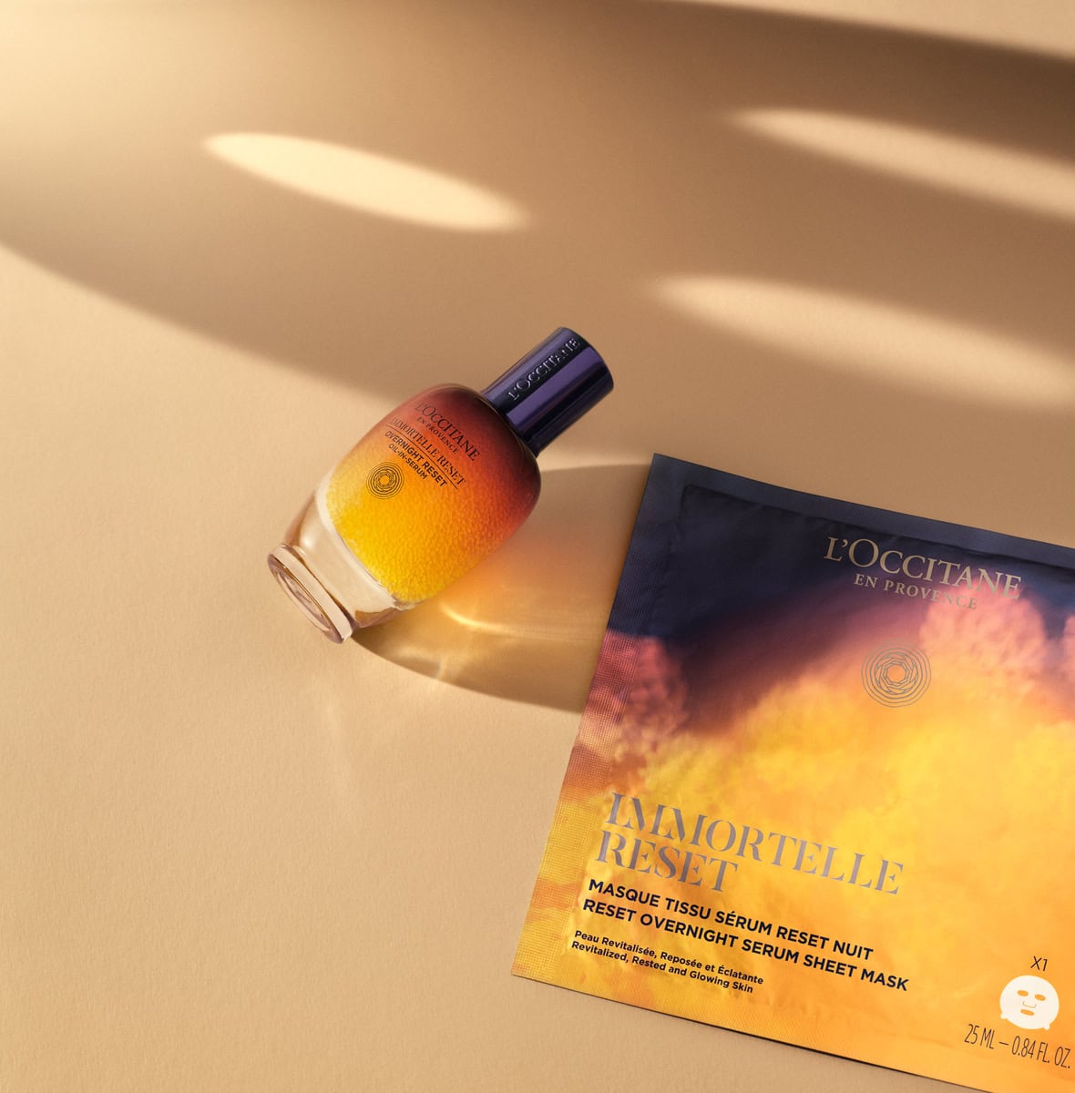L'Occitane Immortelle Reset overnight serum sheet mask and oil-in-serum bottle