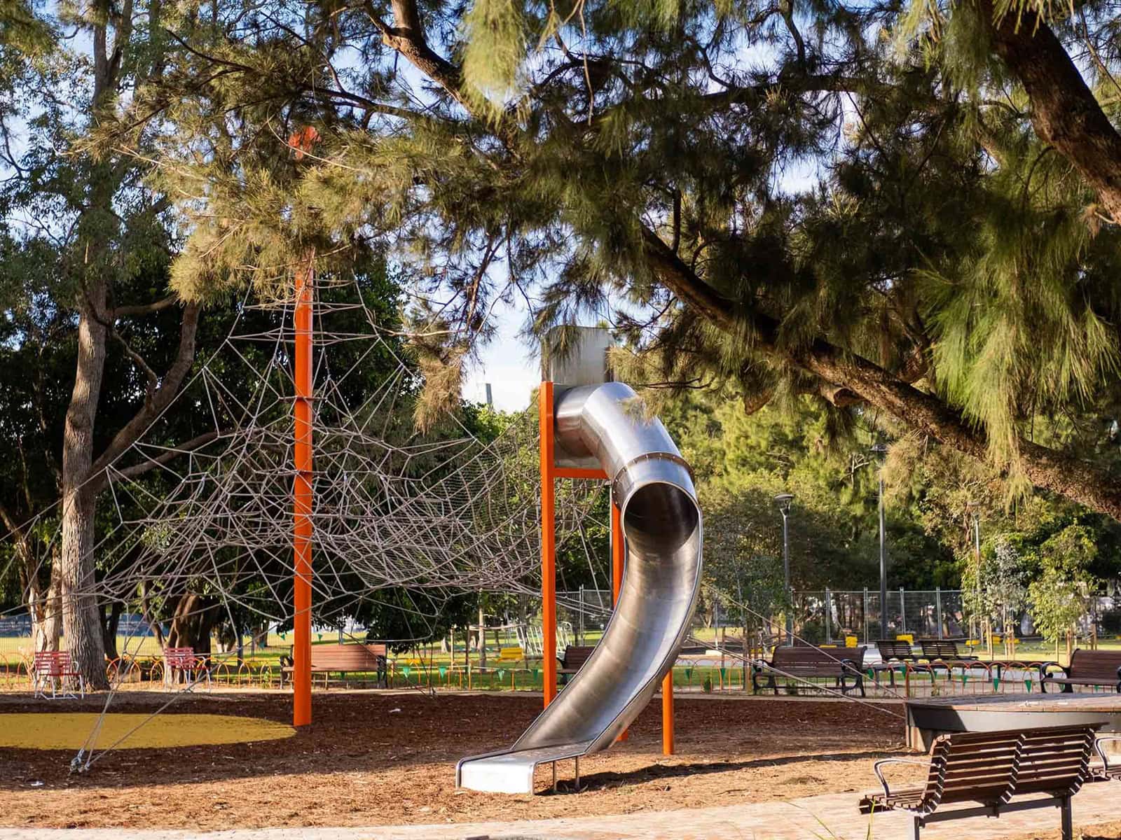 The large climbing structure and slide at Federal Park in Annandale.