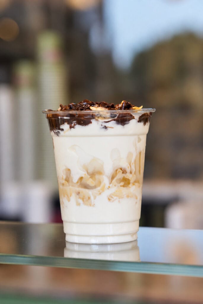 Soft serve gelato cup layered with potato chips, white chocolate cream and chocolate-hazelnut spread at Anita Gelato Sydney