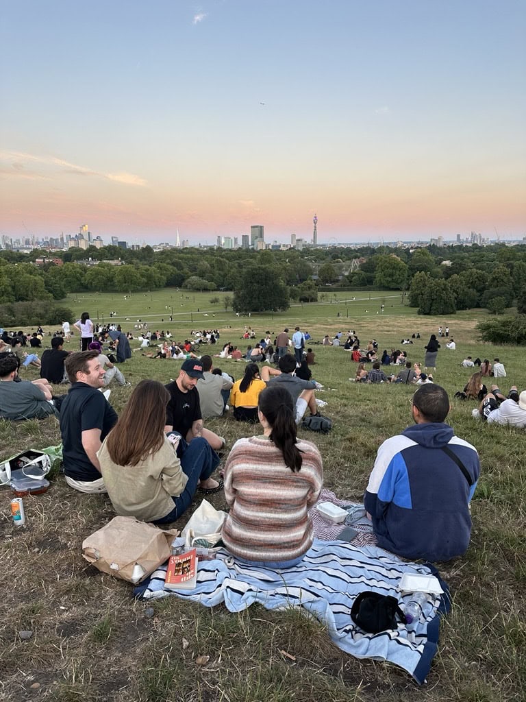 A group of people enjoying a picnic at dusk on Primrose Hill.