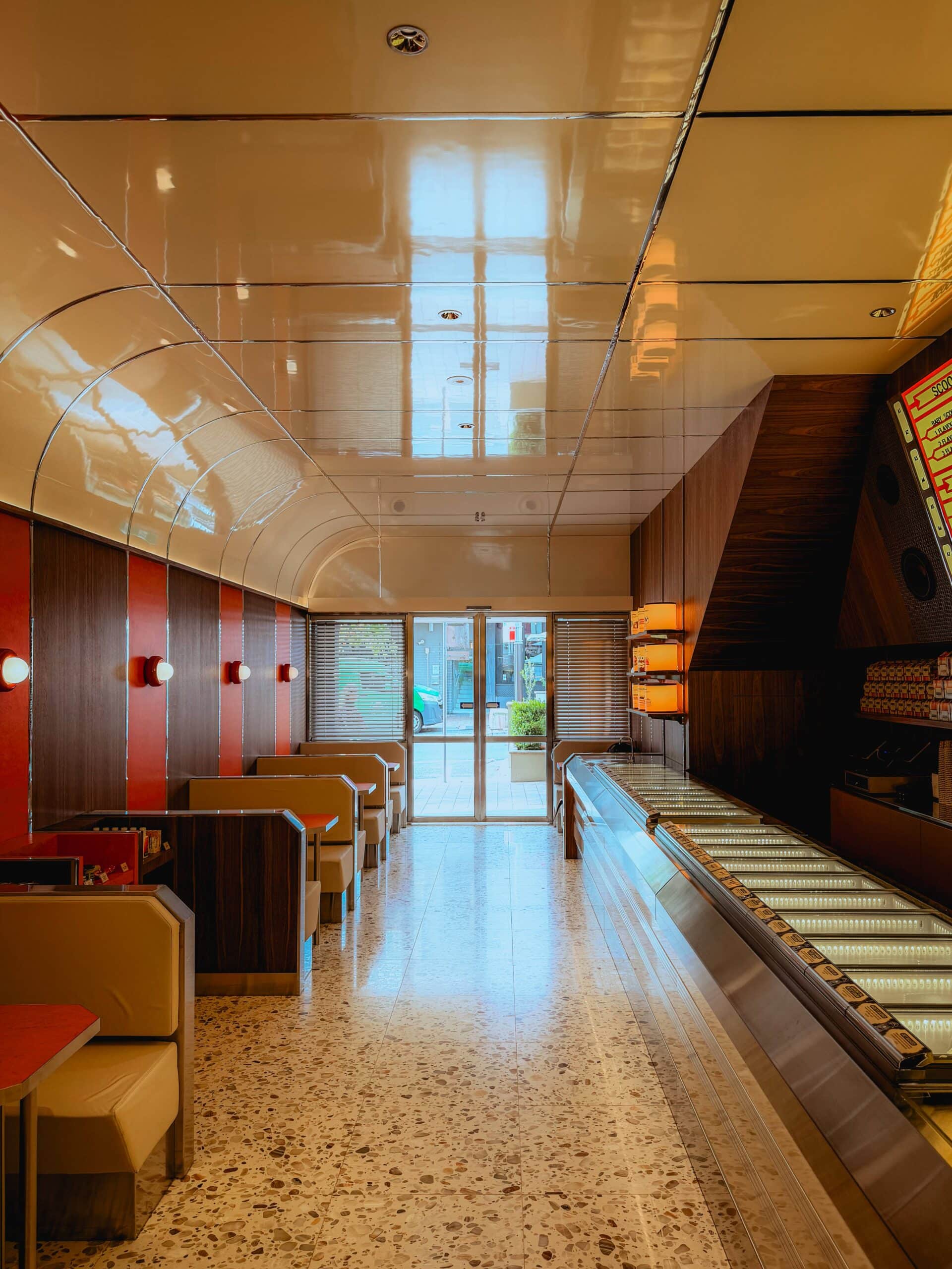 Retro mid-century diner interior with booth seating terrazzo floors and gelato counter Messina Crows Nest Sydney
