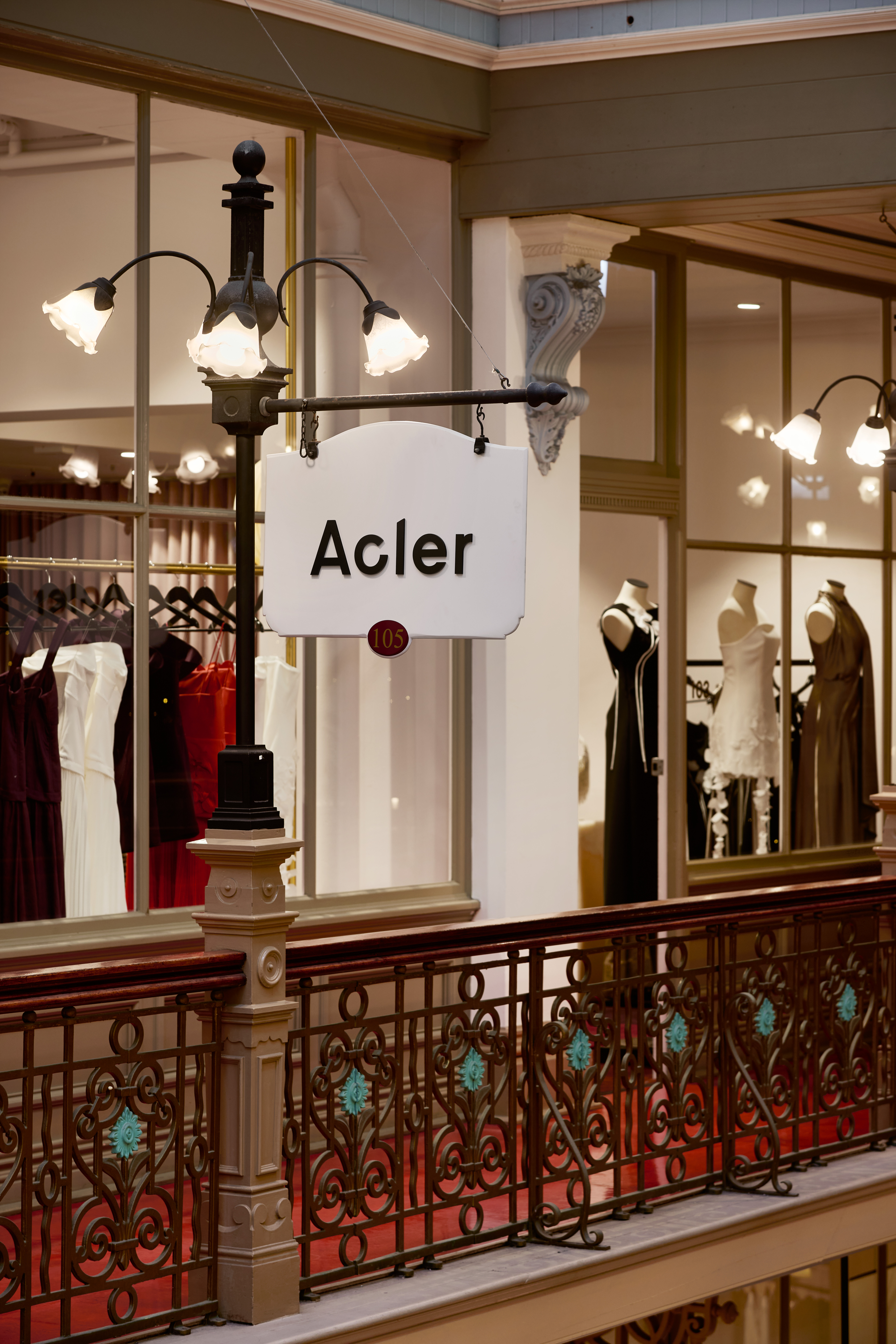 Acler hanging shopfront sign at Strand Arcade Sydney CBD