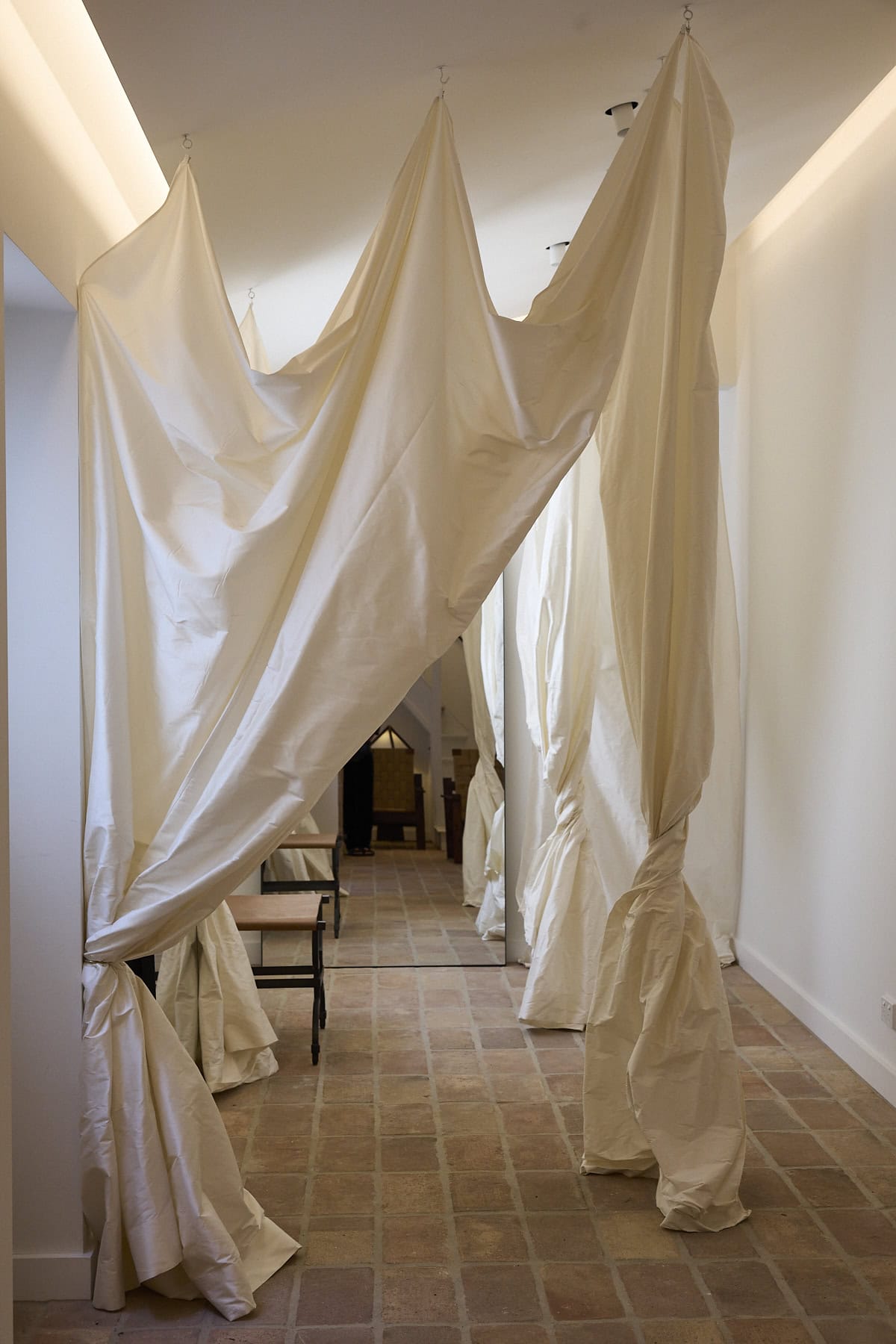 Draped silk dupion change room curtains with stone tile floor Beare Park Paddington Sydney