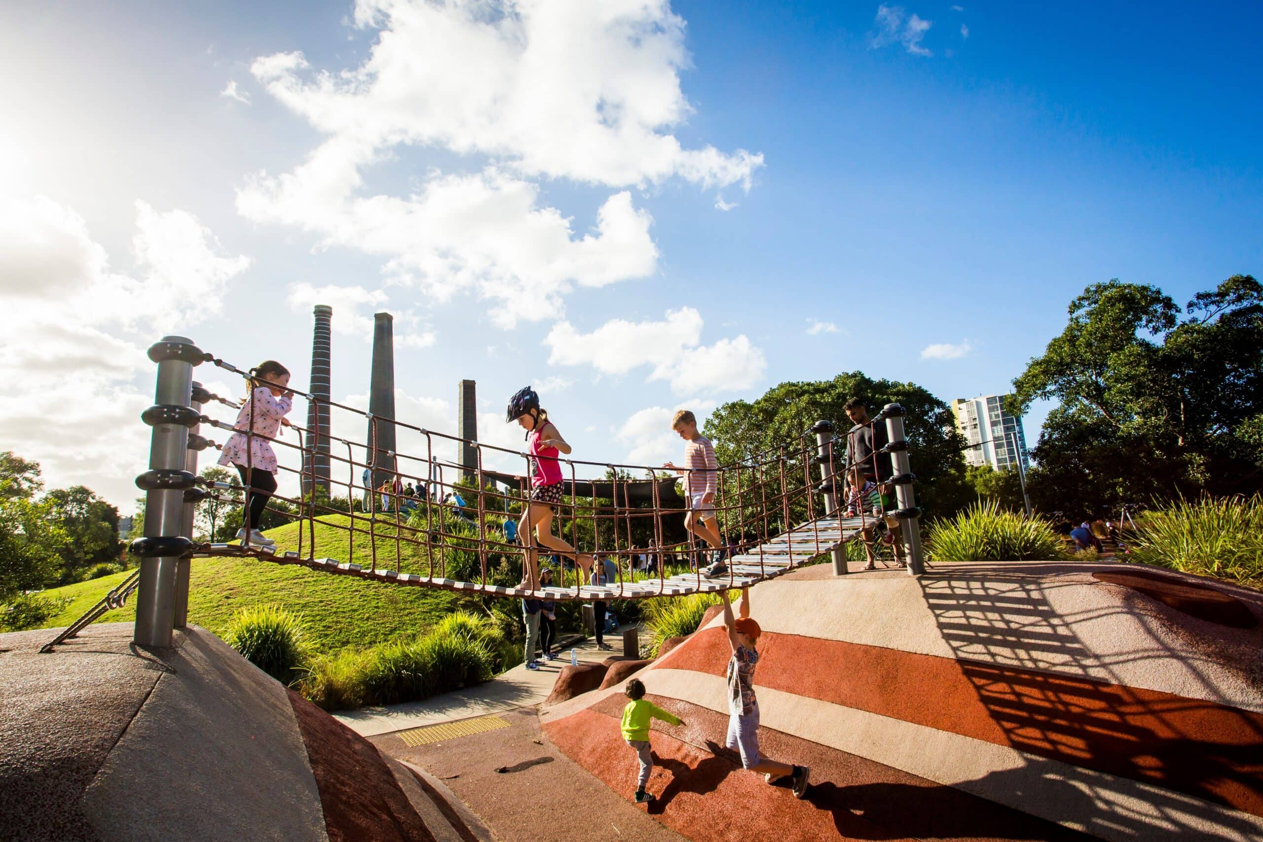 playing on the rope bridge at Sydney Park in St Peters.