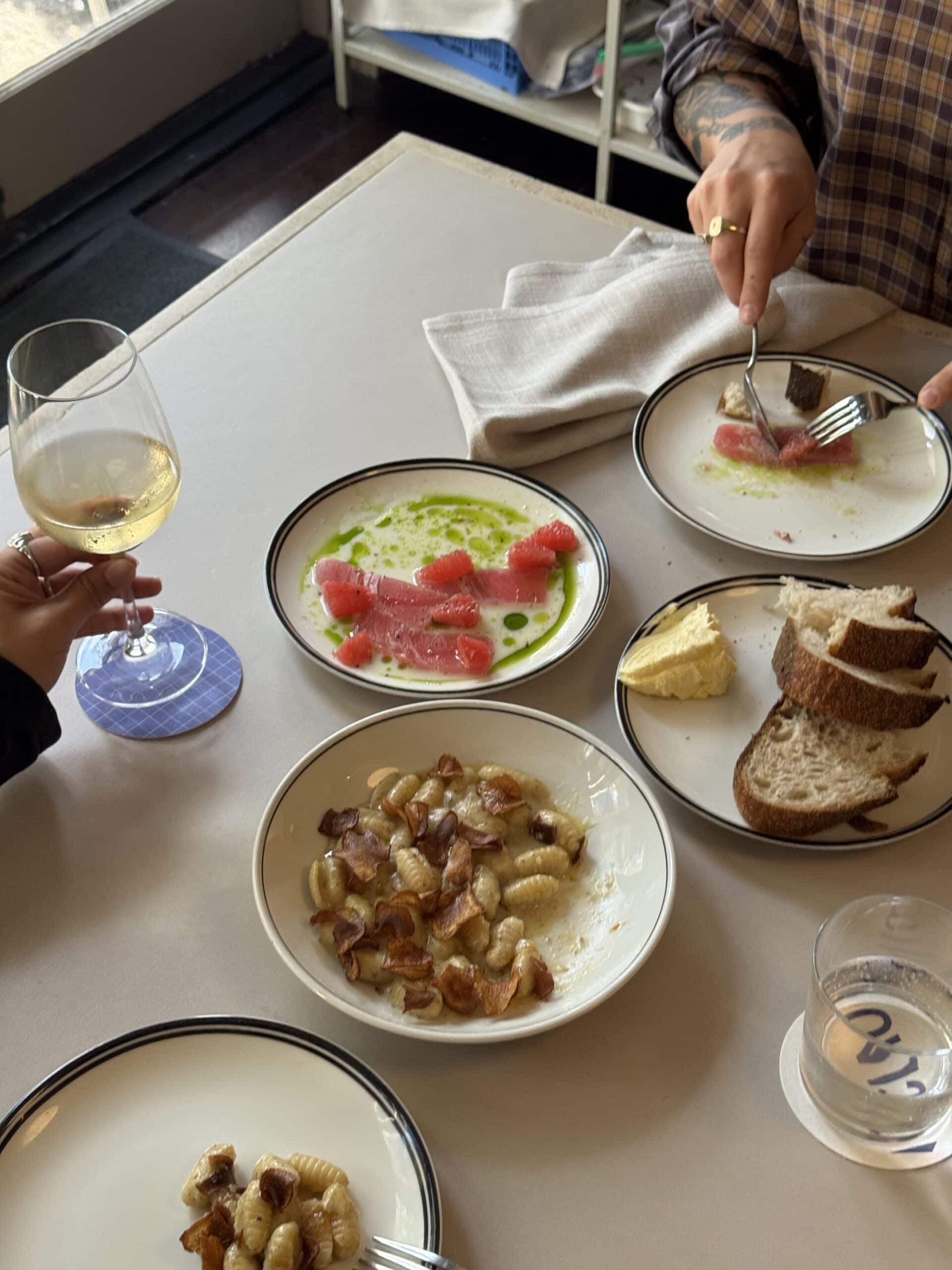 Tuna crudo gnocchi bread and white wine spread at Fabbrica Darlinghurst Sydney