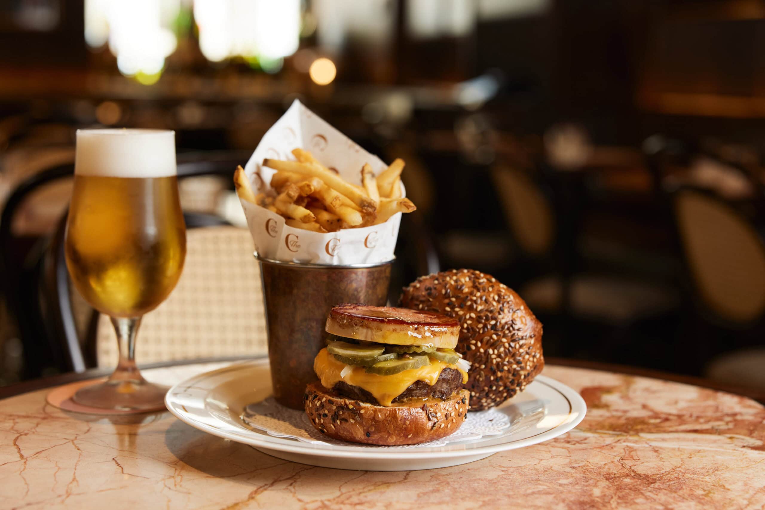 Wagyu cheeseburger with fries and beer at The Charles Bar Sydney CBD