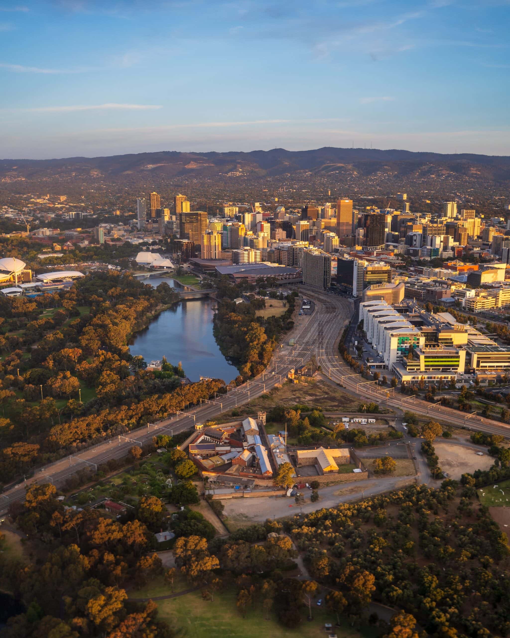 Drone aerial shot of Adelaide CBD.