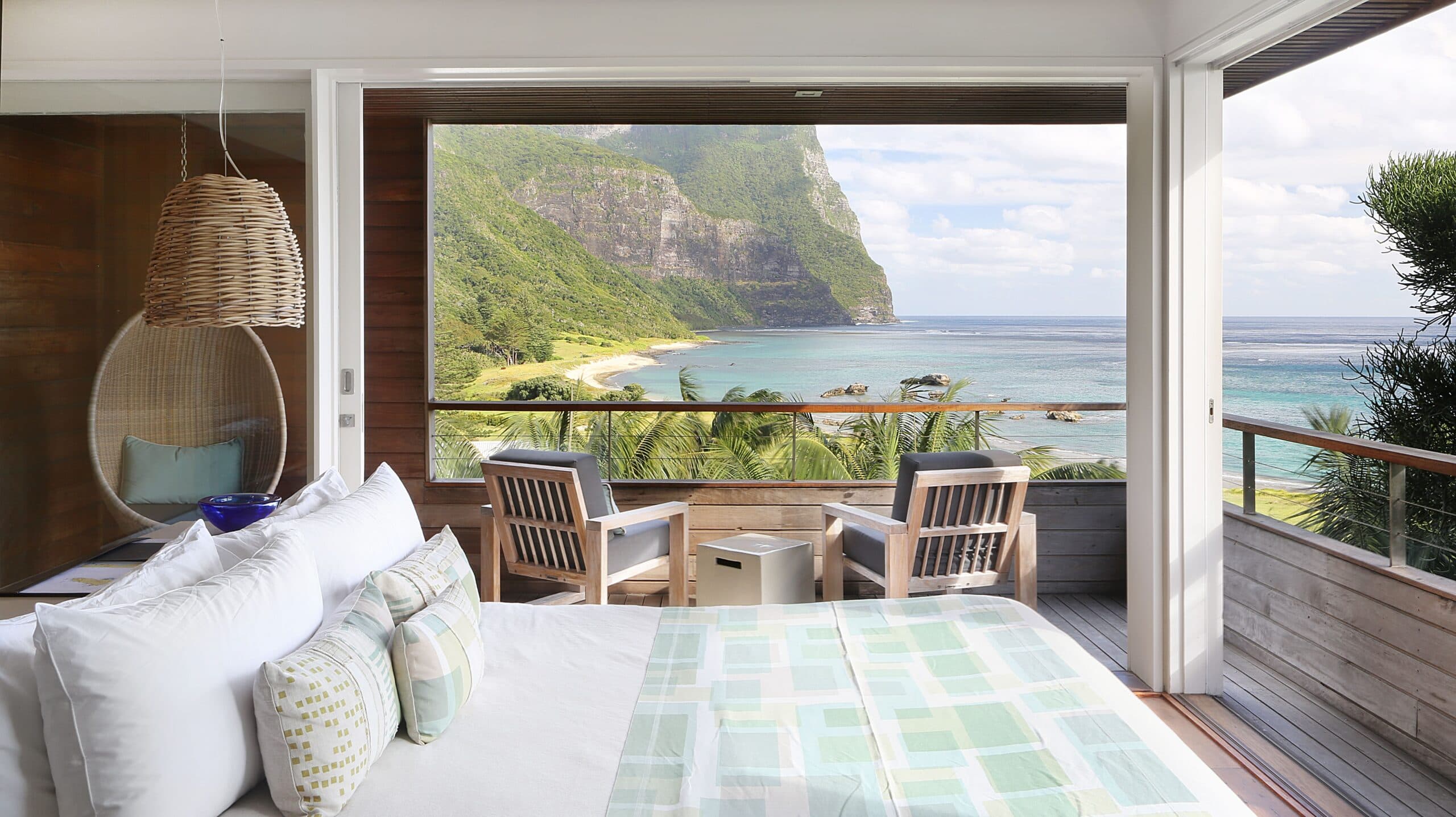 Lidgbird Pavilion room with scenic ocean views to Mount Gower. Capella Lodge, Lord Howe Island.