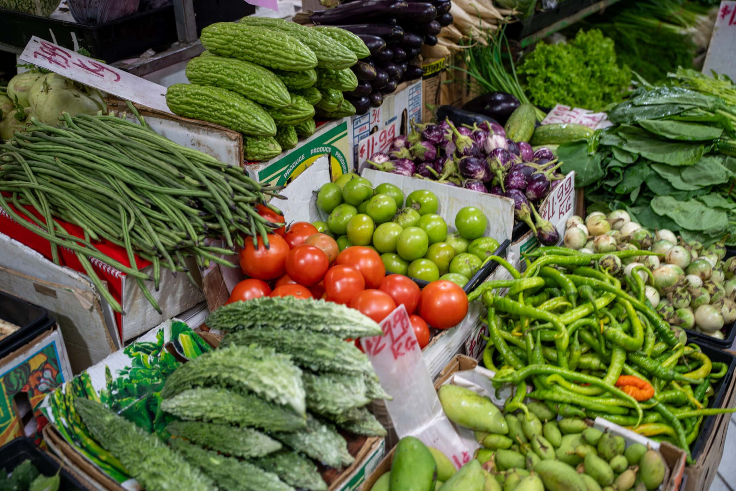 Selection of Asian vegetables including bitter melon, long beans, eggplant and chillies.