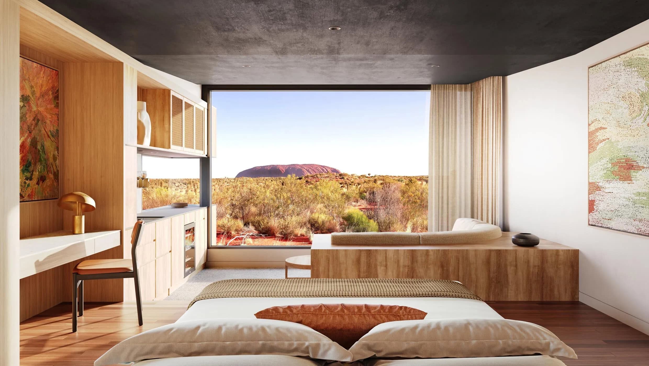 Rendering of a Desert Suite with views of Uluṟu at new luxury lodge near Uluru.