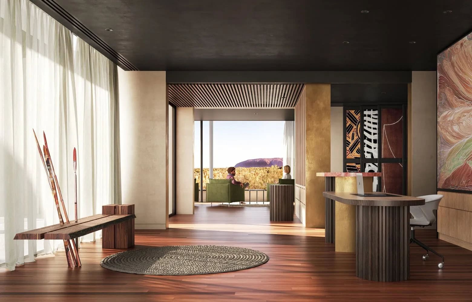 Rendering of guest arrival at new luxury lodge near Uluru.