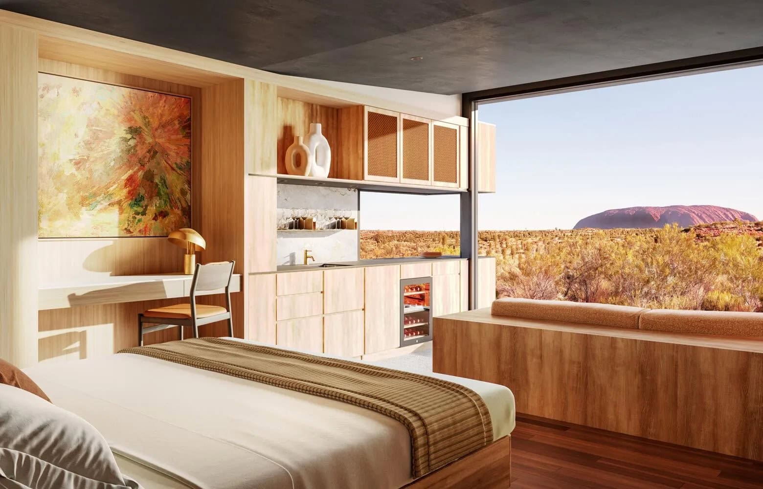 Rendering of a Desert Suite with views of Uluṟu at new luxury lodge near Uluru.
