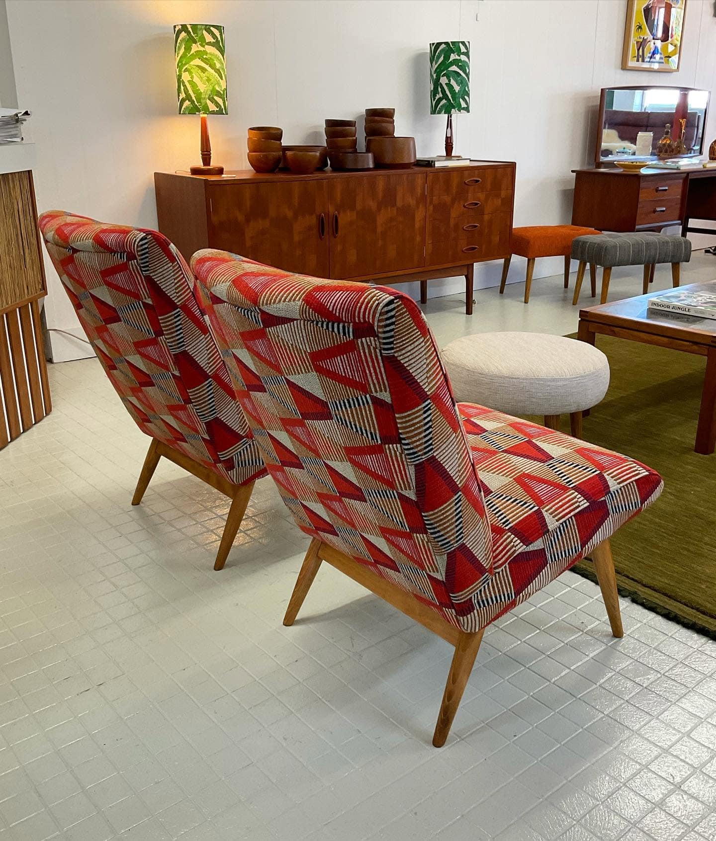 Two mid-century armchairs in the Rewind Mid-Century showroom.