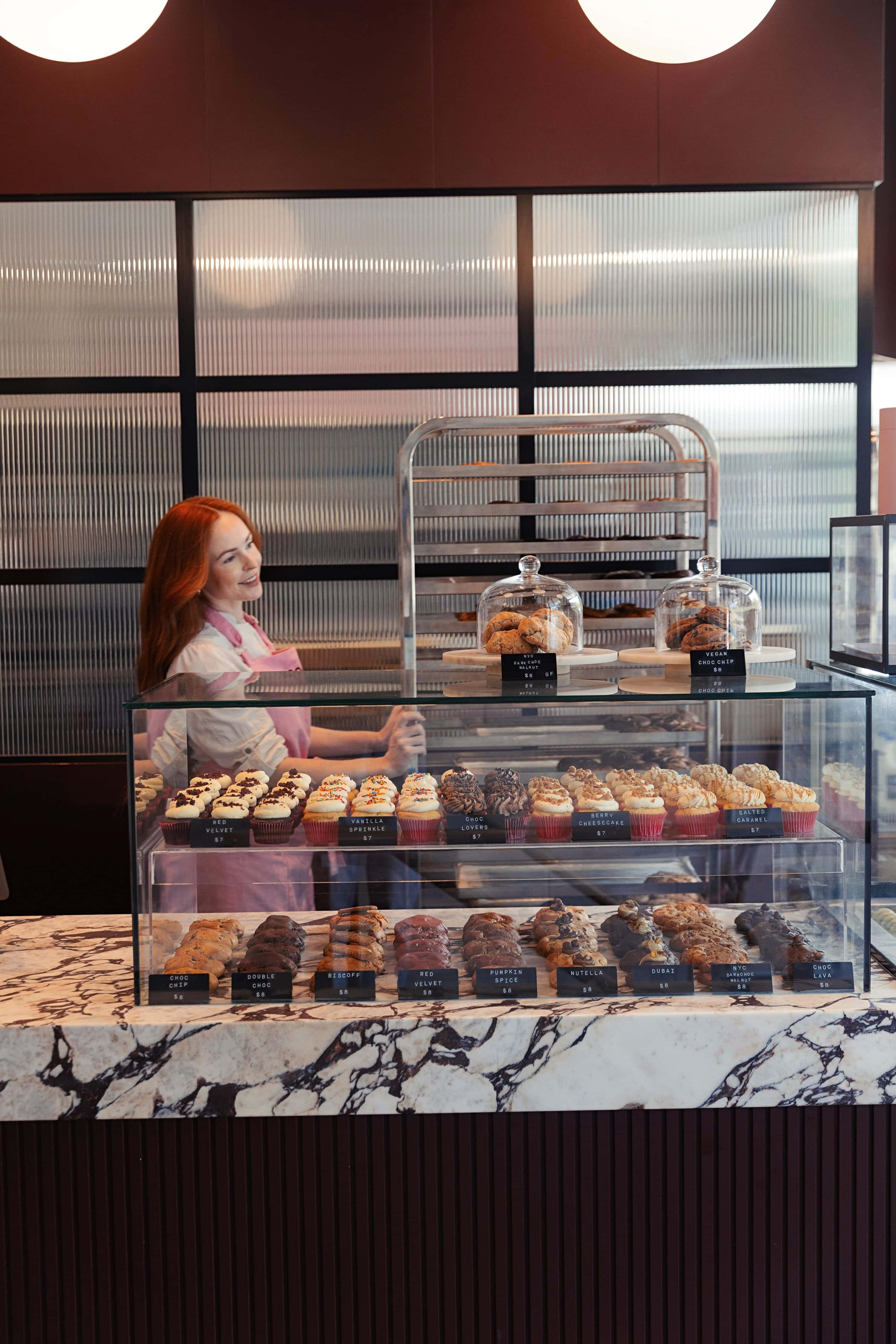 Cupcake and cookie display counter at Brooki Bakehouse Barangaroo Sydney