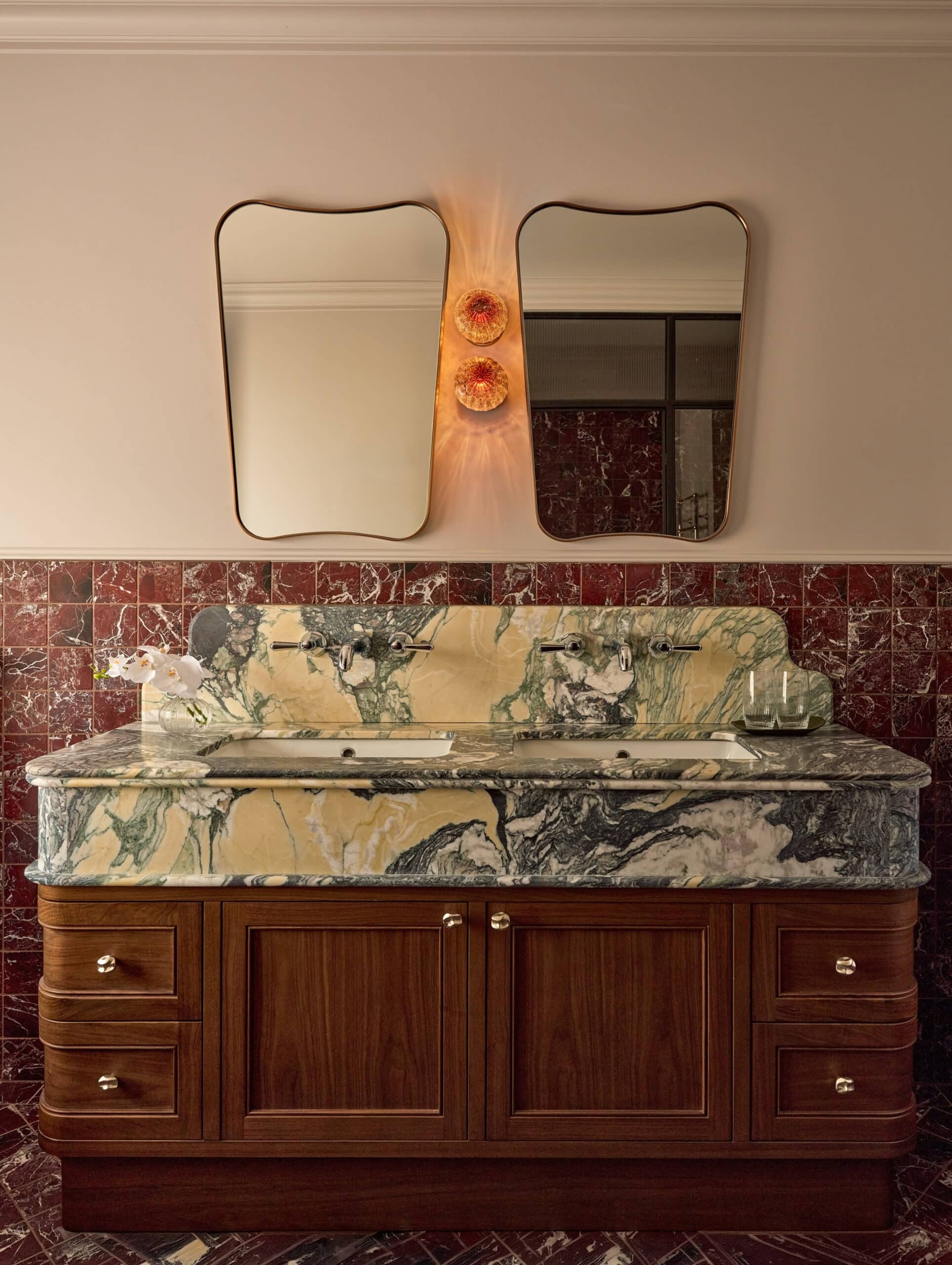 Double vanity with marble benchtop at The Grand Saddles Lodge Mount White NSW