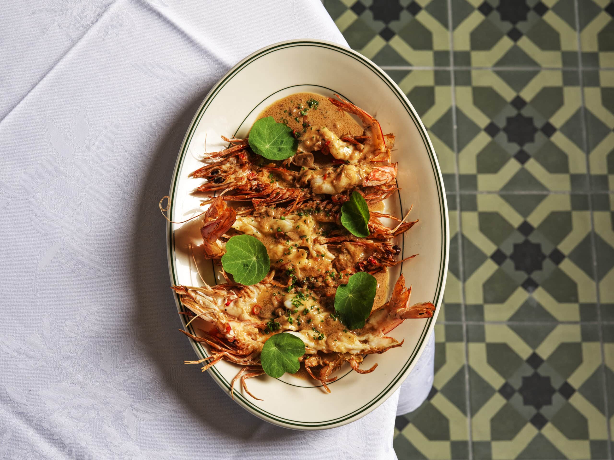 Brandy-flamed king prawns from the charcoal grill at Trattoria Da Orazio Rushcutters Bay Sydney