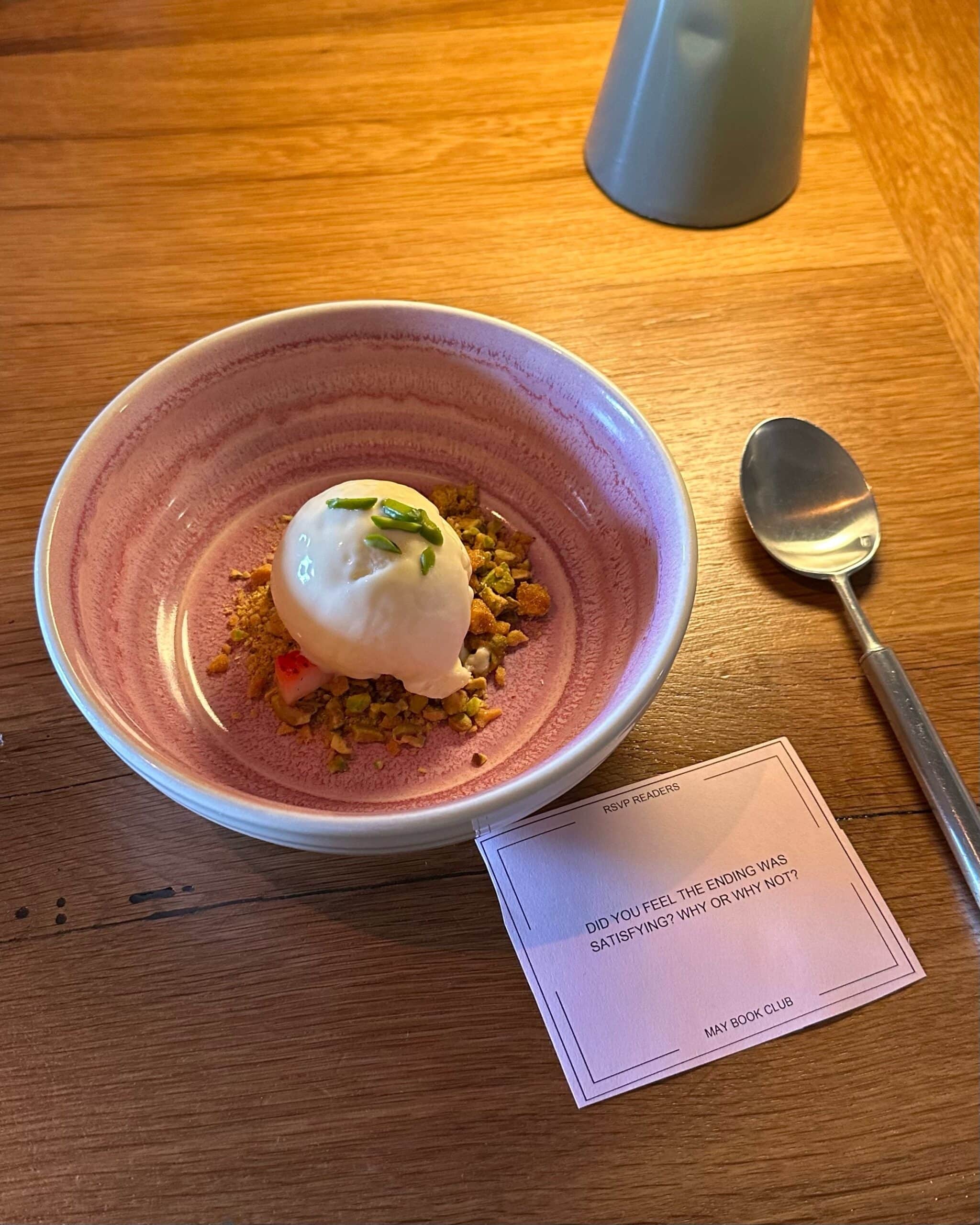 dessert with pistachio crumble at RSVP Readers book club event Sydney