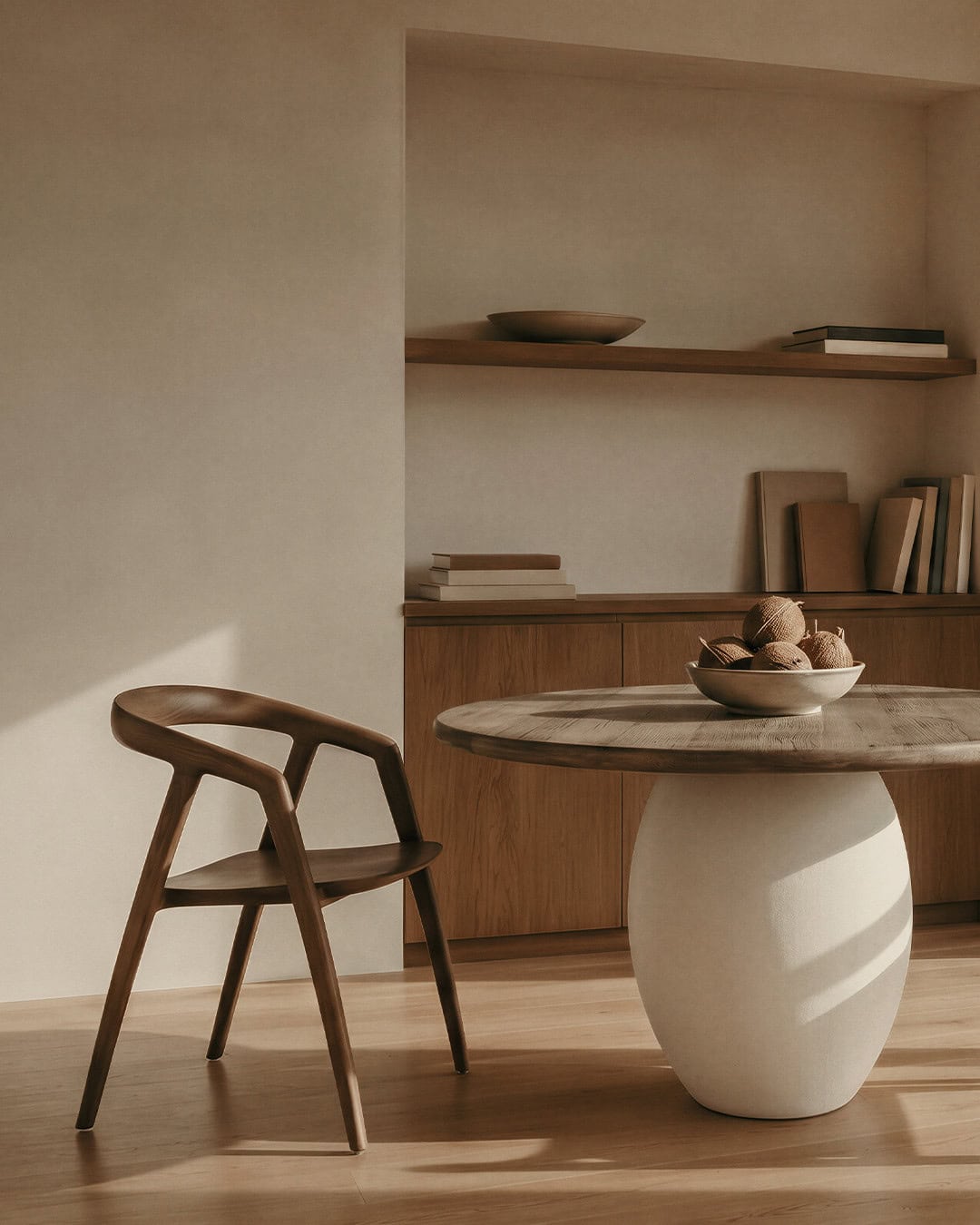A shapely dining table with a single wooden dining chair from MCM House.