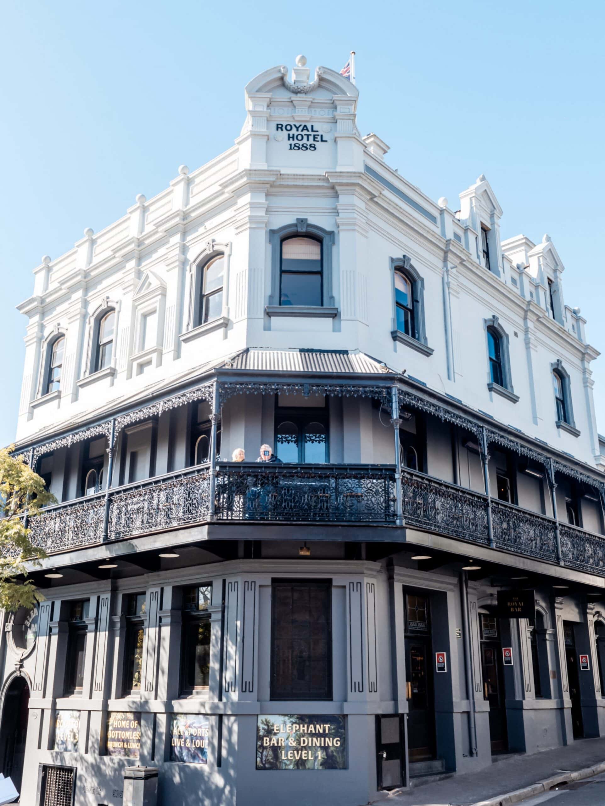 The all-white exterior of The Royal Hotel in Paddington.