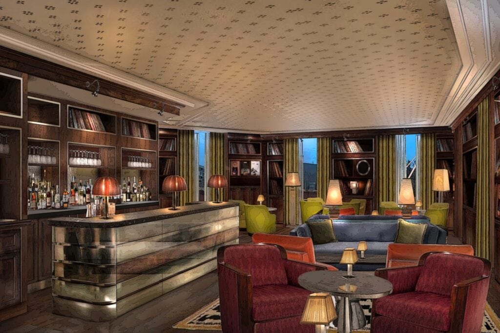 Render of library lounge and bar interior at Soho House Darlinghurst Sydney
