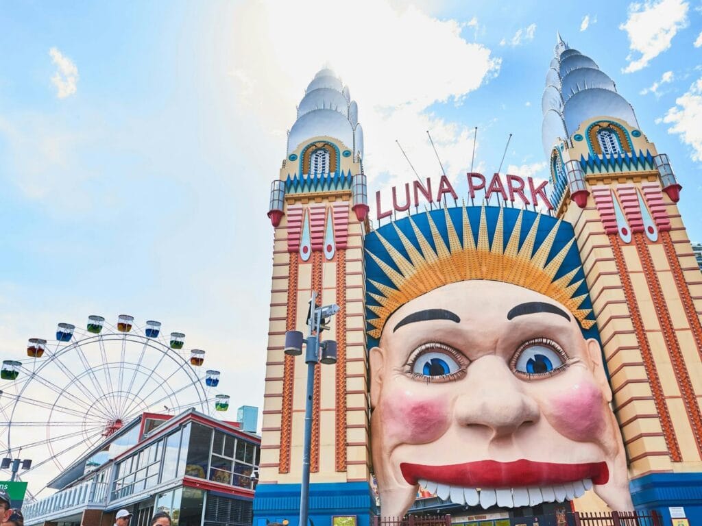Luna Park entrance with iconic face and Ferris wheel Milsons Point Sydney