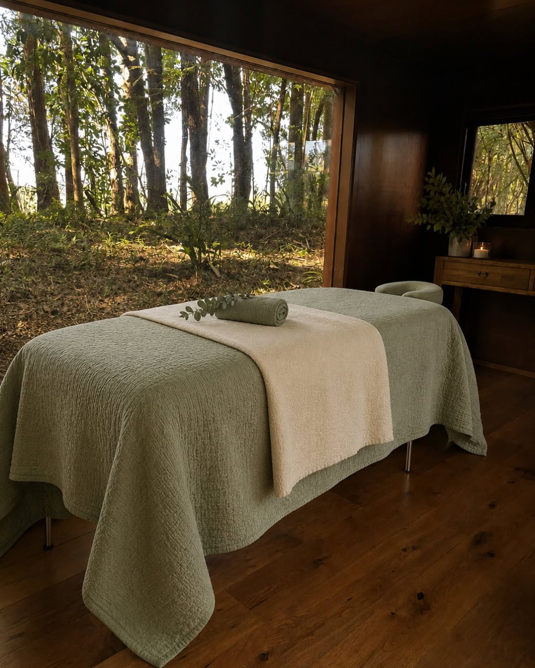 A sage green covered massage bed with a leafy outlook at SOMA Lorna Jane in Byron Bay.