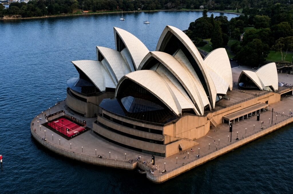 Concept render of padel court on Sydney Opera House Northern Boardwalk for Padel Invitational presented by UBS