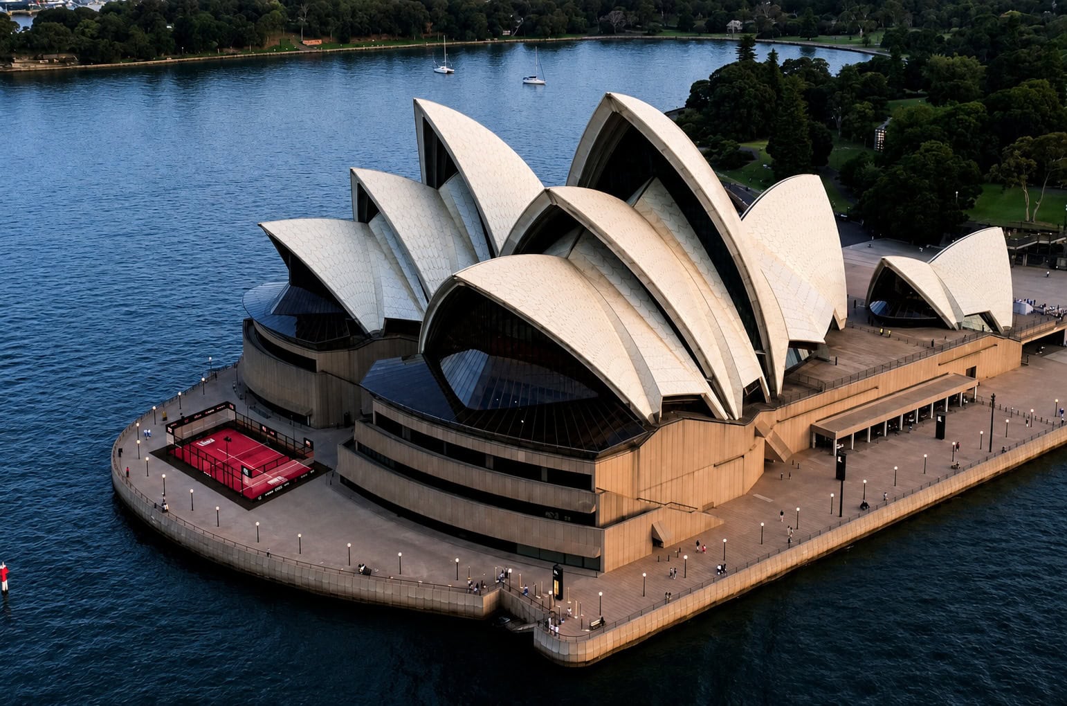 Concept render of padel court on Sydney Opera House Northern Boardwalk for Padel Invitational presented by UBS