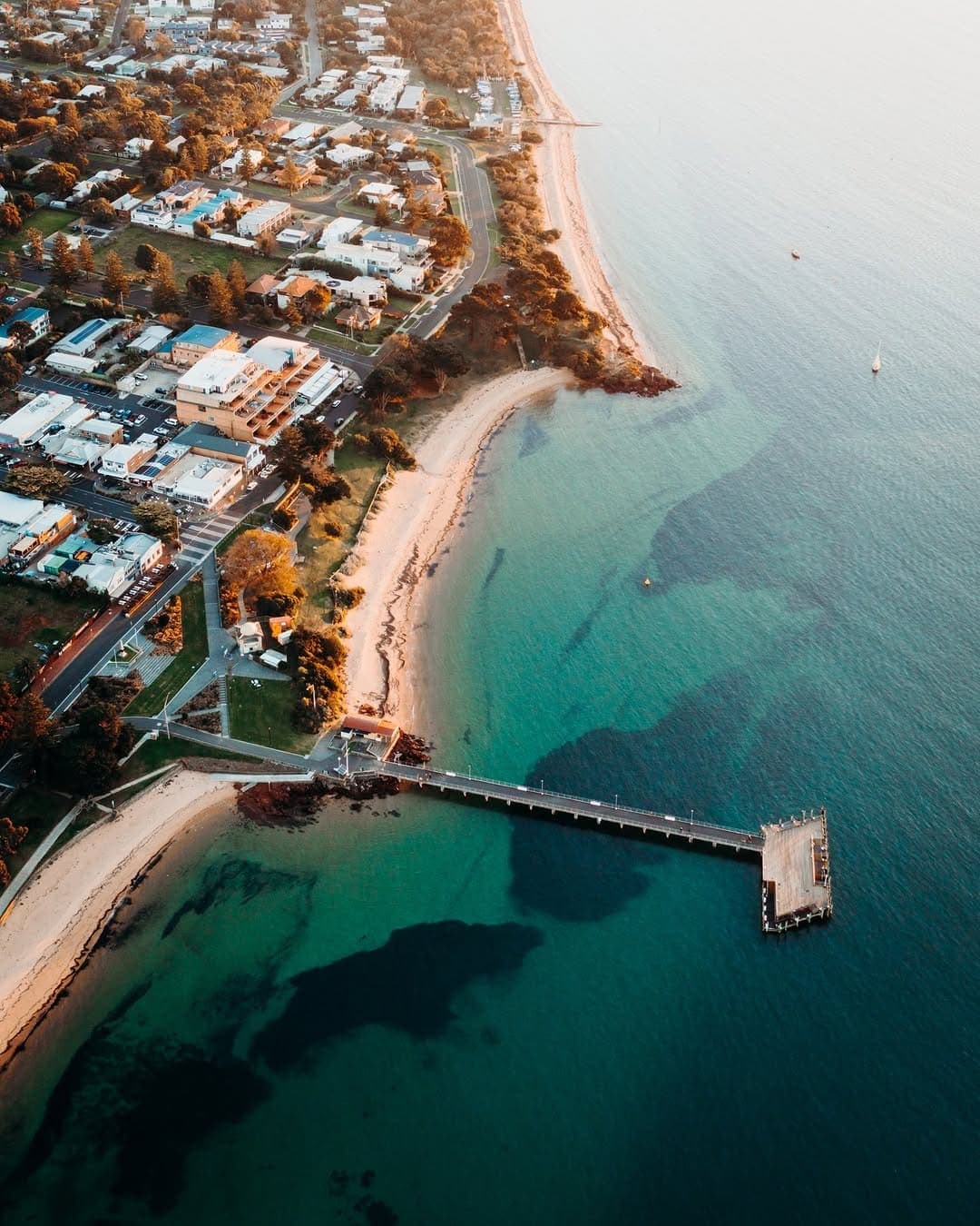 An aerial shot of the promontory and pier on Phillip Island.