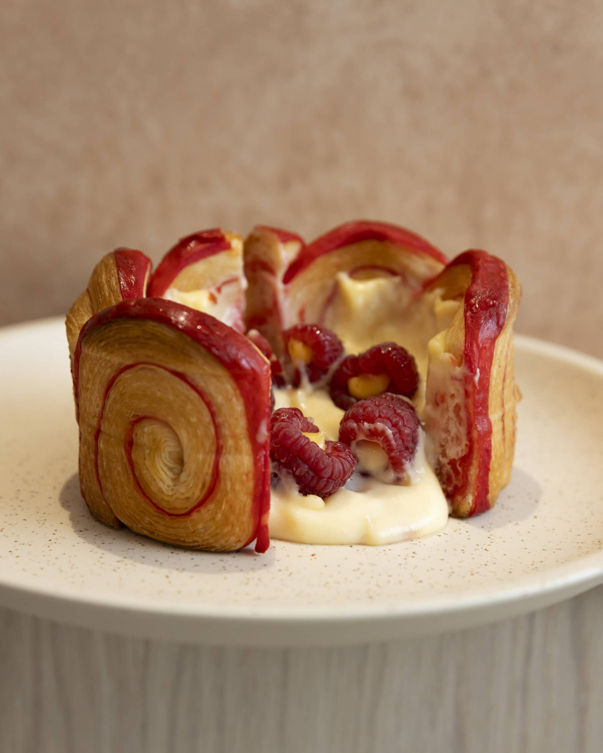 Raspberry cornetto dessert with pastry cream at Valentina Pastry Lab Manly Sydney