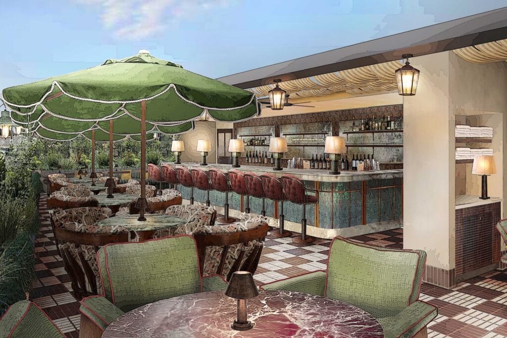 Render of rooftop bar and terrace seating at Soho House Darlinghurst Sydney