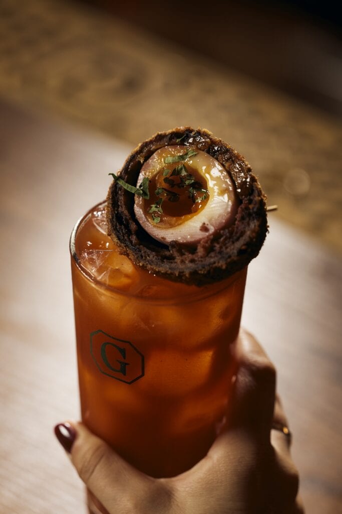 Spice Bag Bloody Mary topped with a black pudding scotch egg at The Gopher, Manly, Sydney