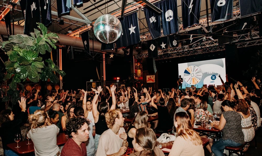 Crowd playing trivia under disco ball at Felons Barrel Room Manly Sydney