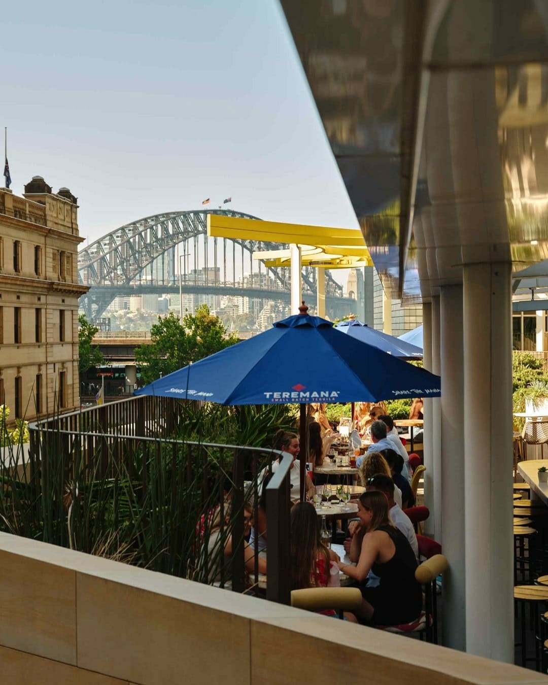 The terrace at Martinez in Sydney looking out across Sydney Harbour and the Sydney Harbour Bridge.