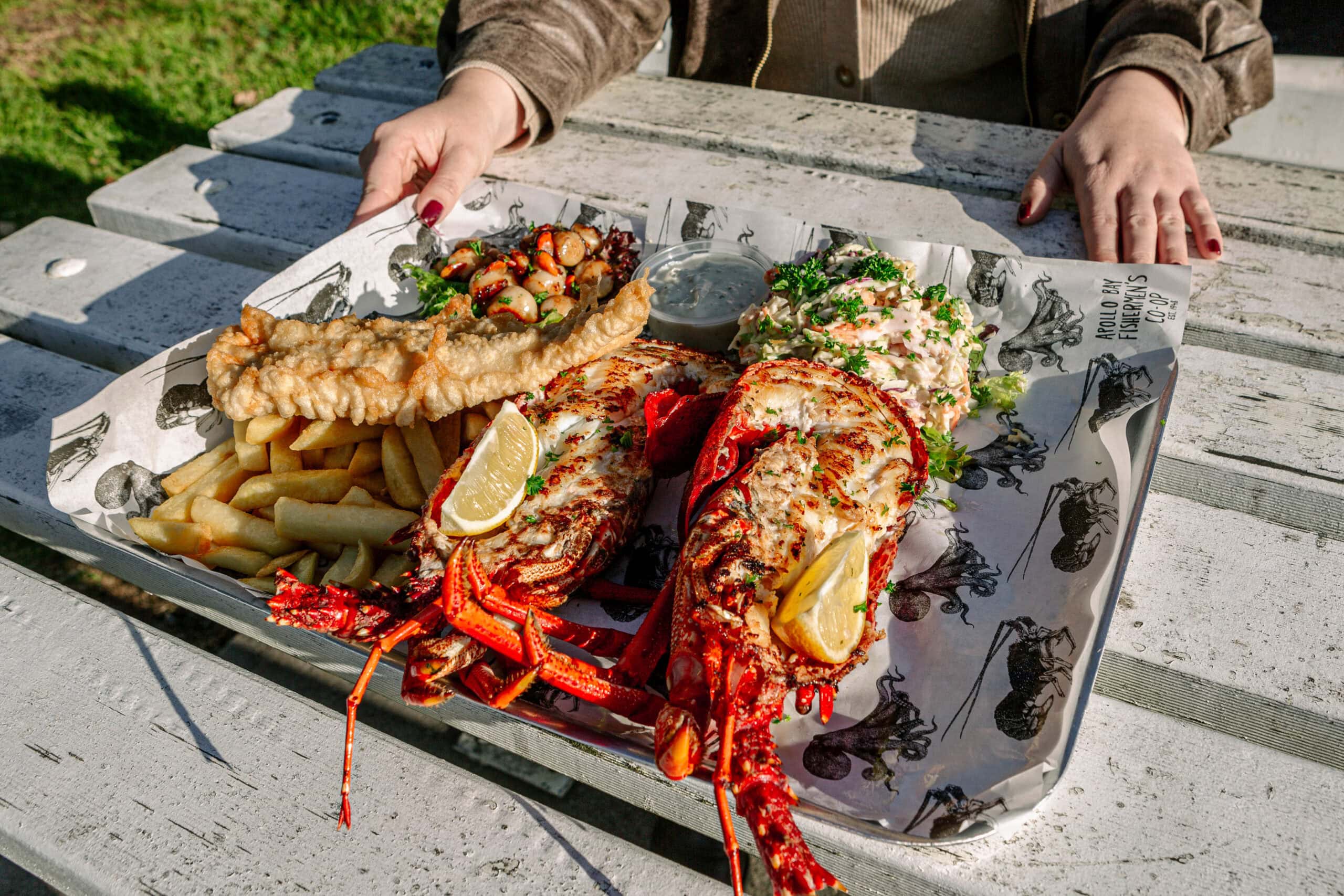 Southern Rock Lobster served beside the harbour in Apollo Bay