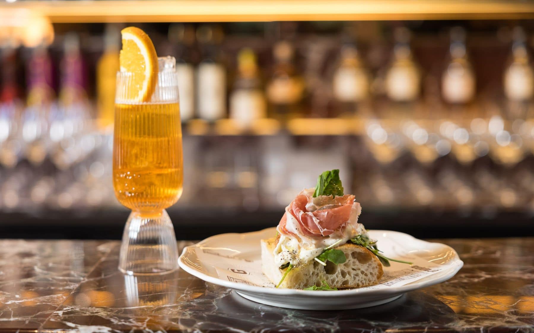 Aperol spritz and prosciutto burrata bruschetta at Grappa The Rocks Sydney