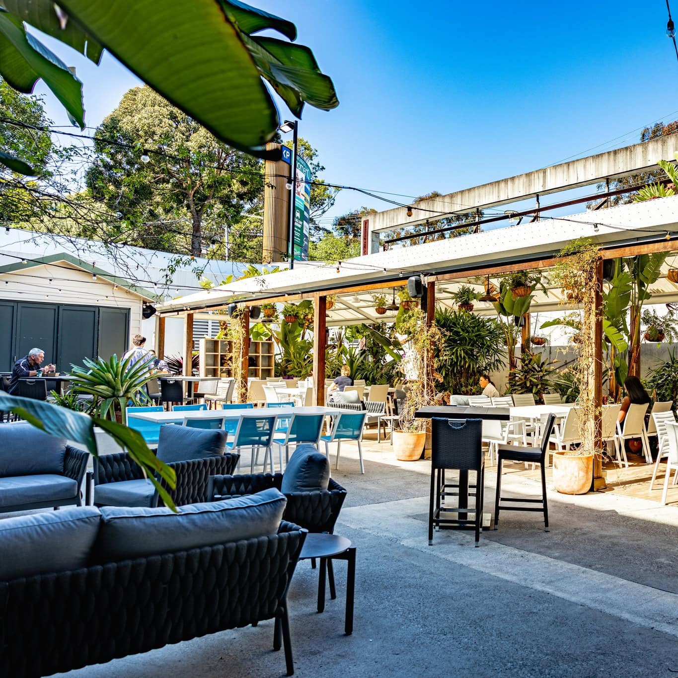 The alfresco dining area of Buckle Distillery in Artarmon.