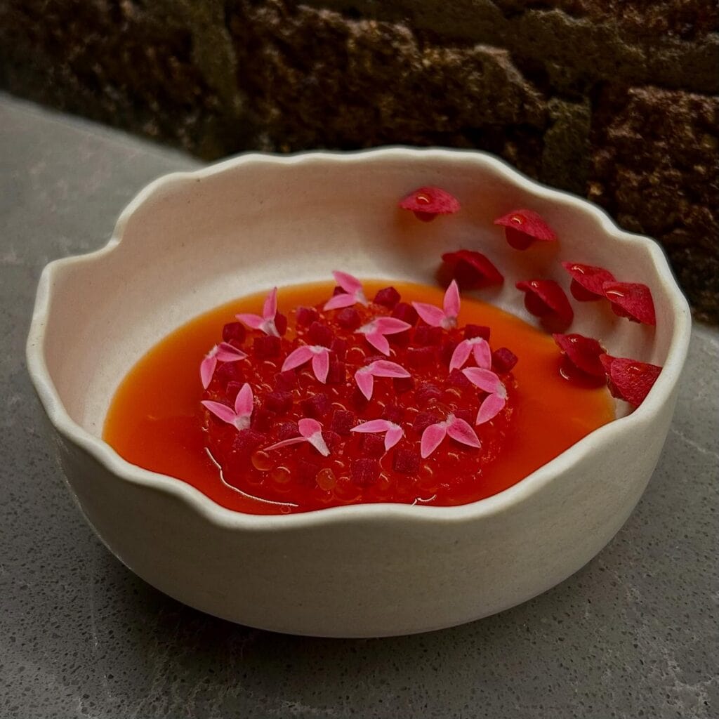A bowl of artfully presented coral trout at Exhibition in Brisbane.