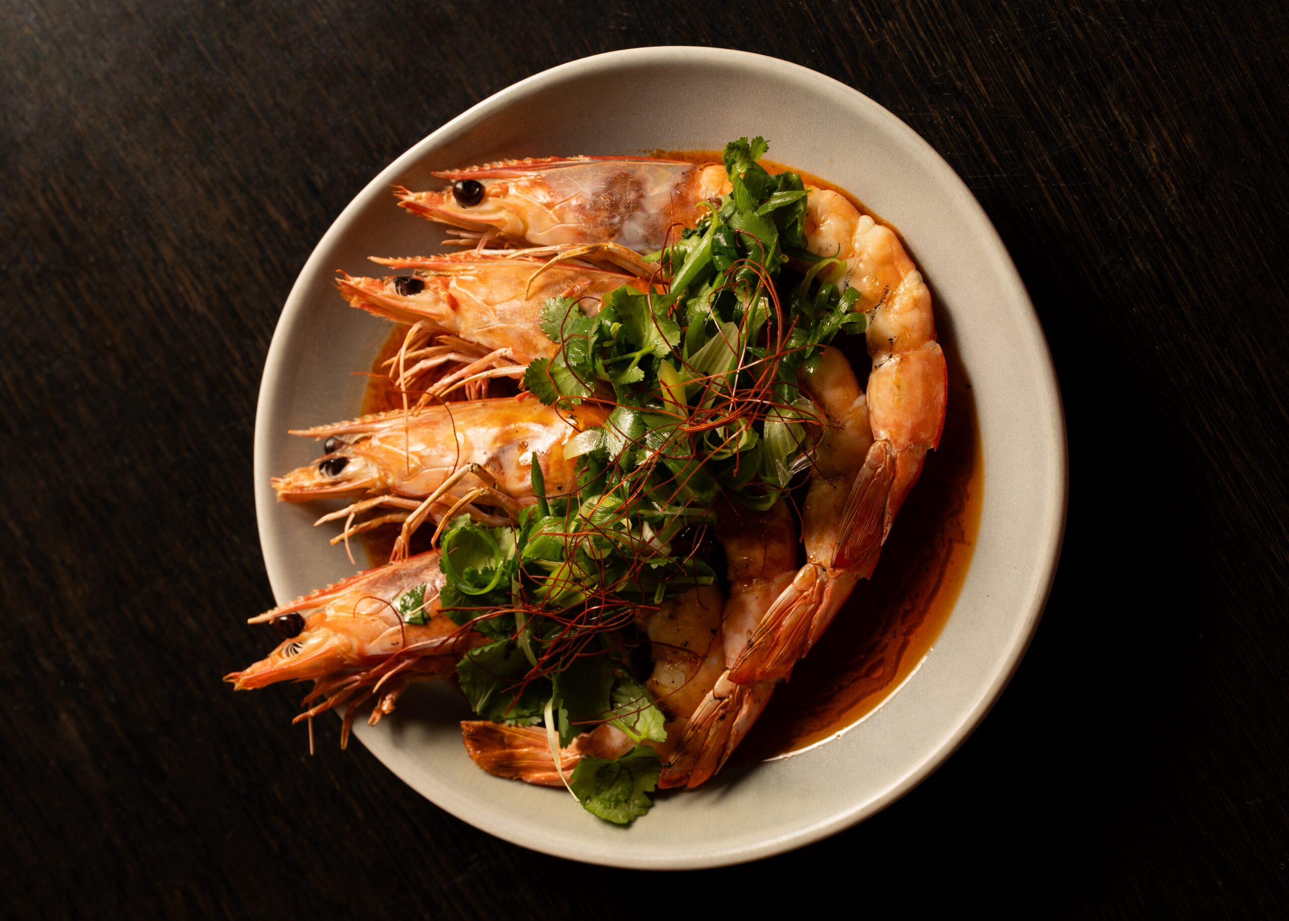 King prawns with red curry Thai eggplant and snake beans at Ashe Sydney CBD