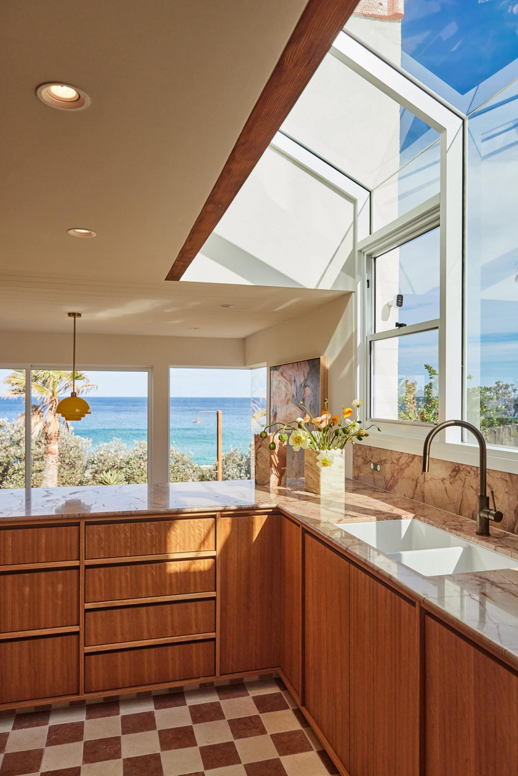 The mid-century kitchen with ocean views at Chante Mer in Mollymook.