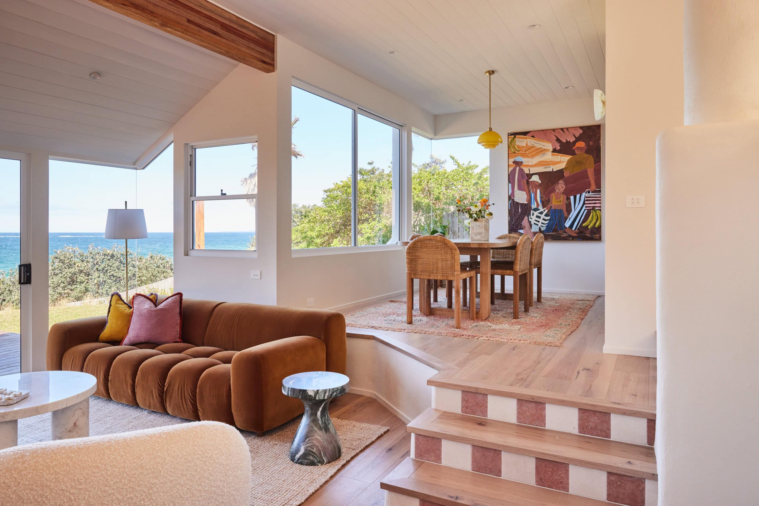 The mid-century modern loungeroom of Chante Mer on the South Coast.