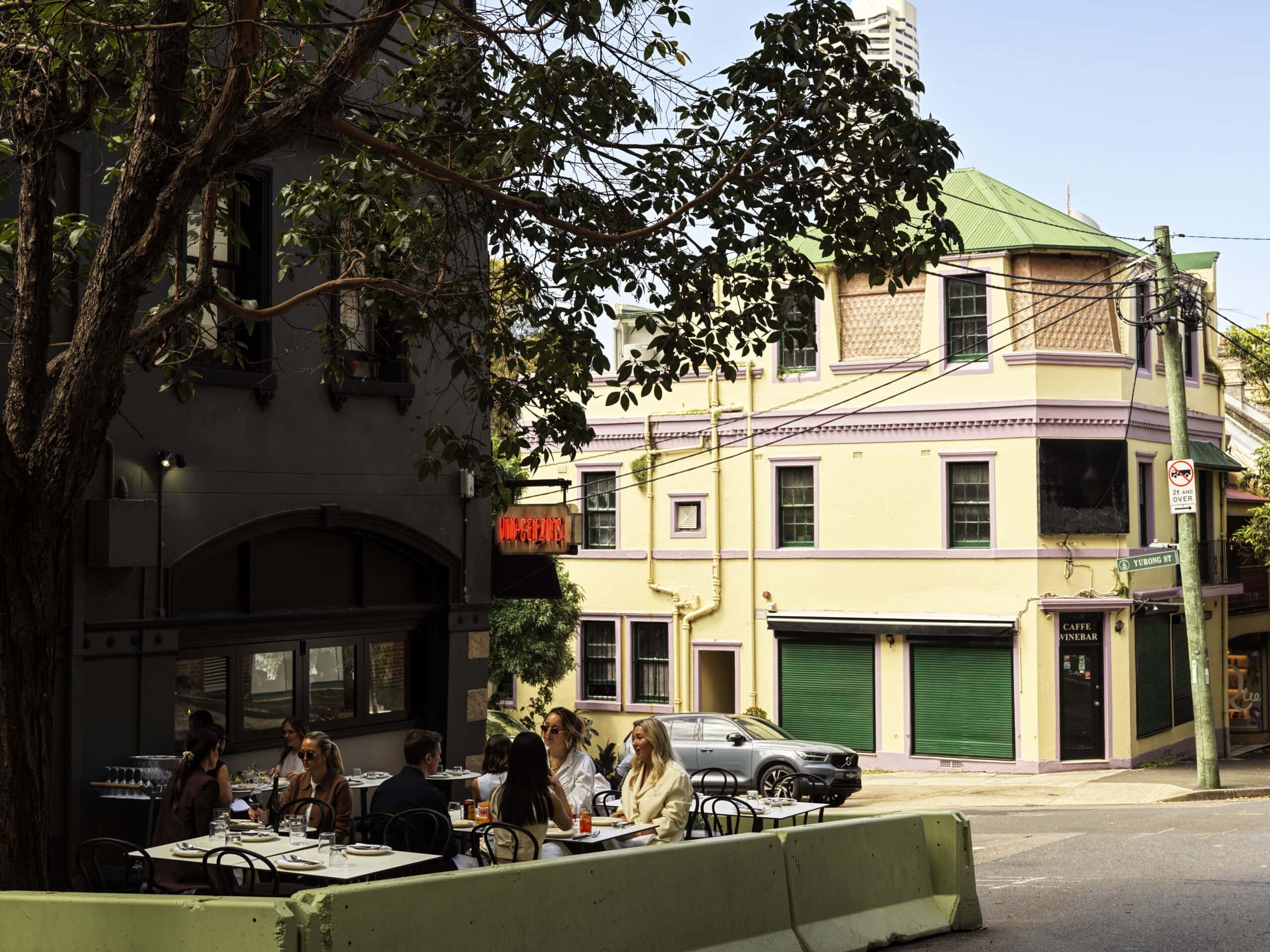 Diners seated at outdoor tables outside Vin-Cenzo's, Darlinghurst, Sydney
