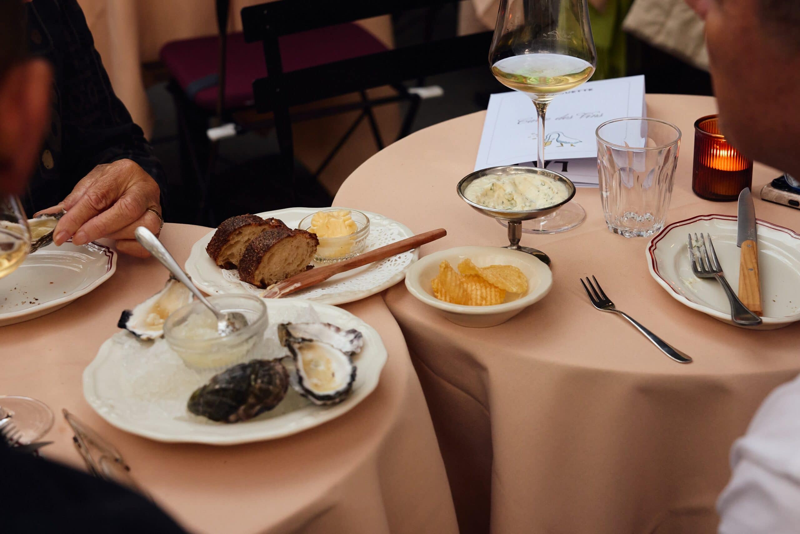 Oysters with Champagne granita, baguette with butter and cervelle de canut at La Buvette Potts Point Sydney