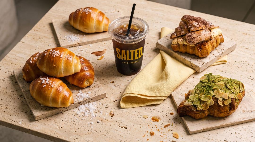 Salt bread pastries and iced coffee at Salted Cafe Wynyard Sydney