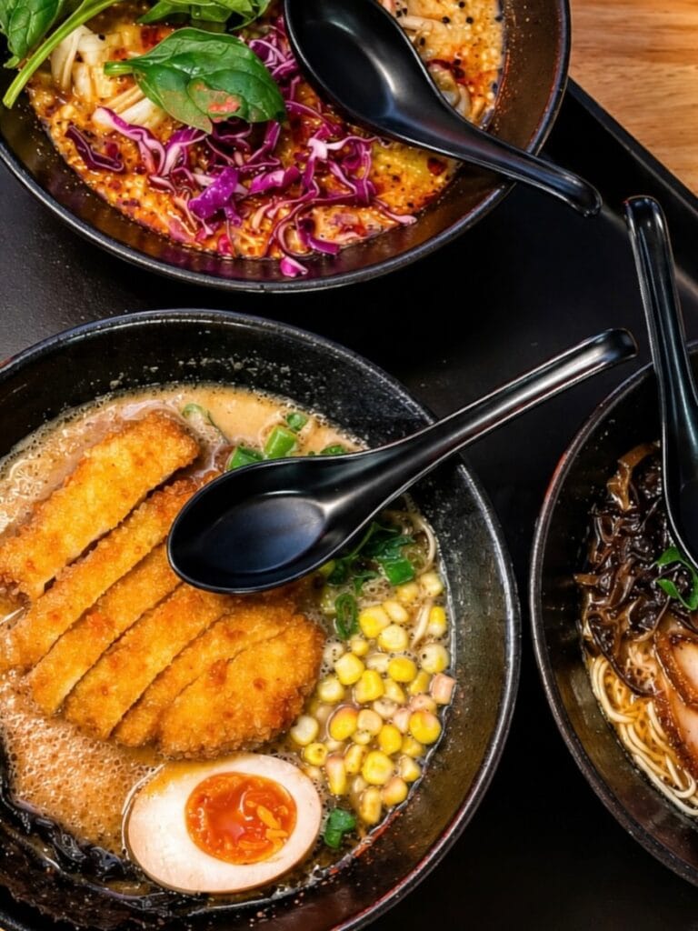 Multiple bowls of ramen from Gung Ho Dumpling Ramen Bar in Brisbane.
