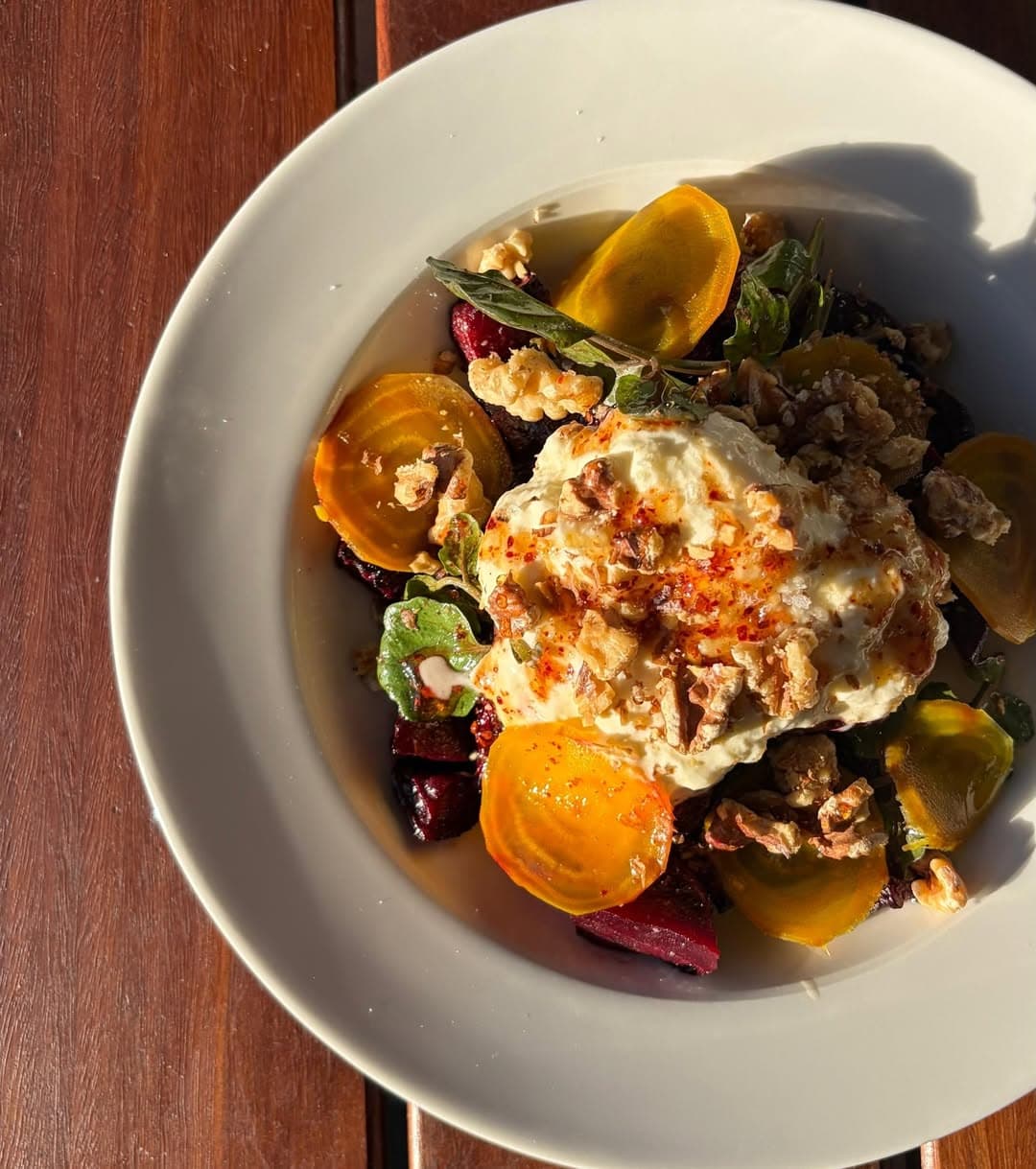 A plate of stracciatella in afternoon light at Fior in Gymea.