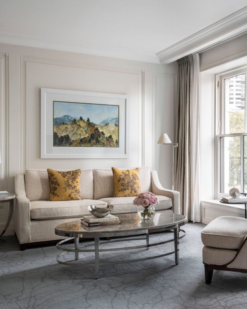 The elegant living room of one of The Langham Sydney's suites.