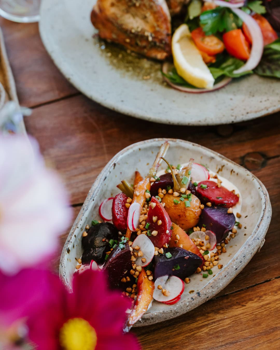 Plates of colourful winter root vegetables at Zin House in Mudgee.