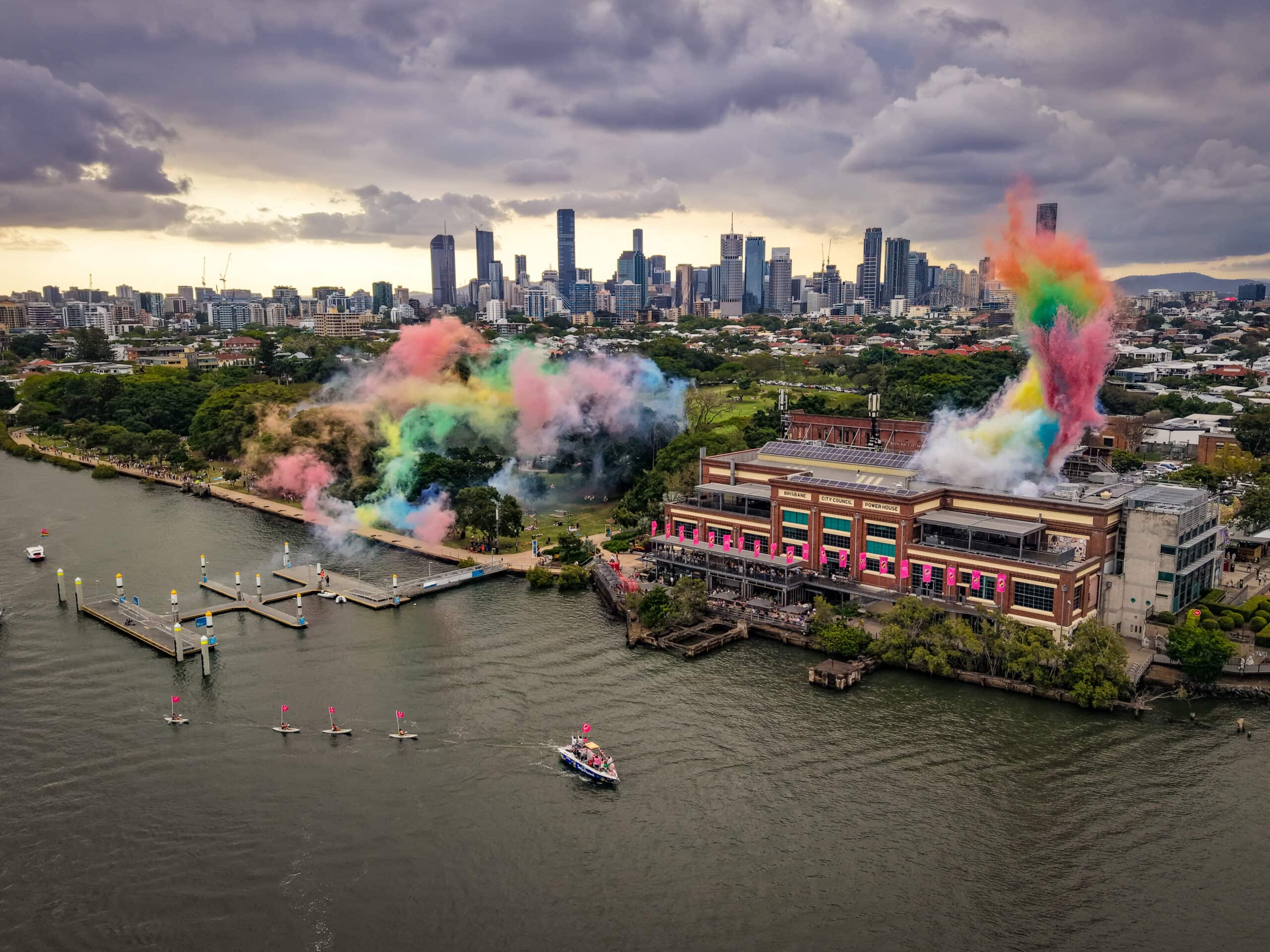 Brisbane Powerhouse shrouded in colourful smoke for Melt Festival.